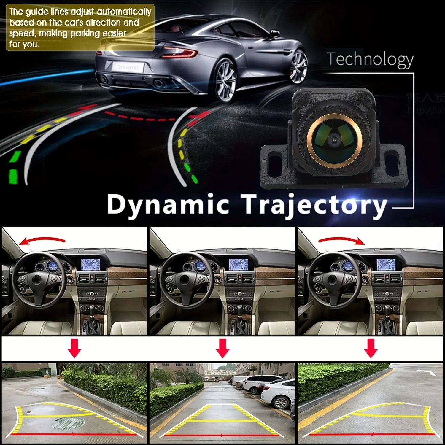 Dynamic Trajectory Backup Camera,Fisheye Golden Lens Full Color Car Rear View Camera Universal with Smart Steering Guide Lines