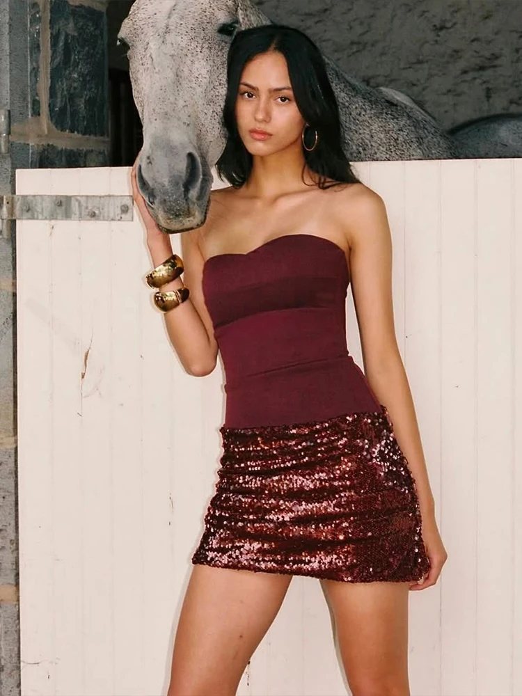 Kliou brilhante lantejoulas mini vestidos de mulher sexy envoltório no peito sem costas, sem mangas, sem mangas, pêssego, hip, clube da meia-noite, festa de moda bodycon