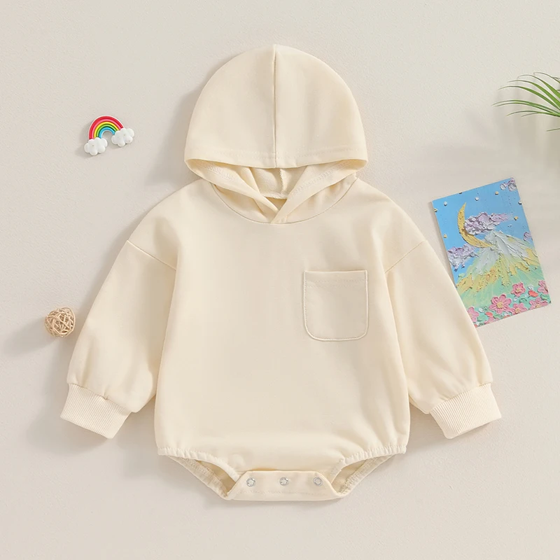 Baby Hooded Romper Long Sleeve Chest Pocket Solid Color Bodysuit Newborn Playsuit