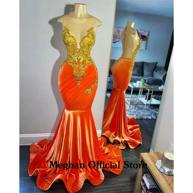 

Luxury Orange Velour Mermaid Long Prom Dress 2024 Gold Crystal Rhinestones Beading Birthday Party Gown Evening Robe