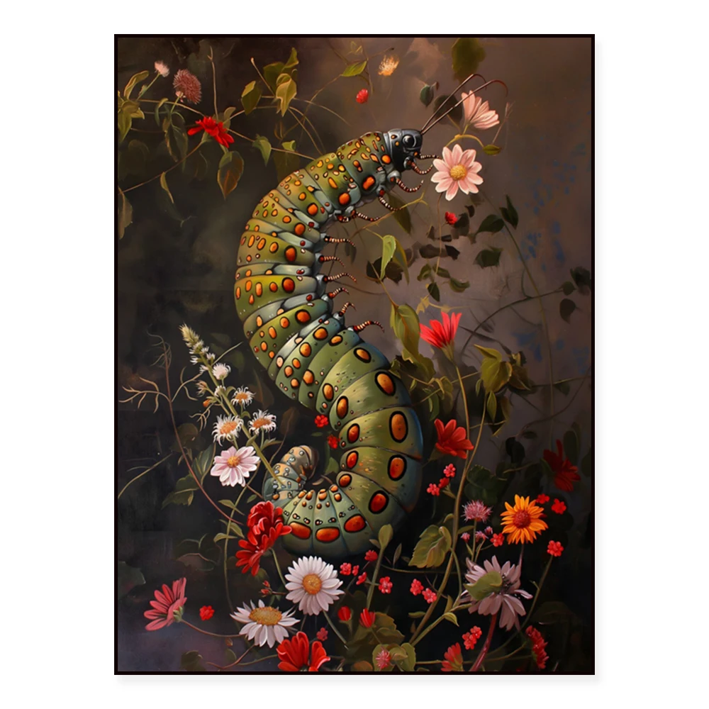 Moody caterpillar wall art, animal goblin art, insect portrait poster, retro funny animal caterpillar art, dark academia