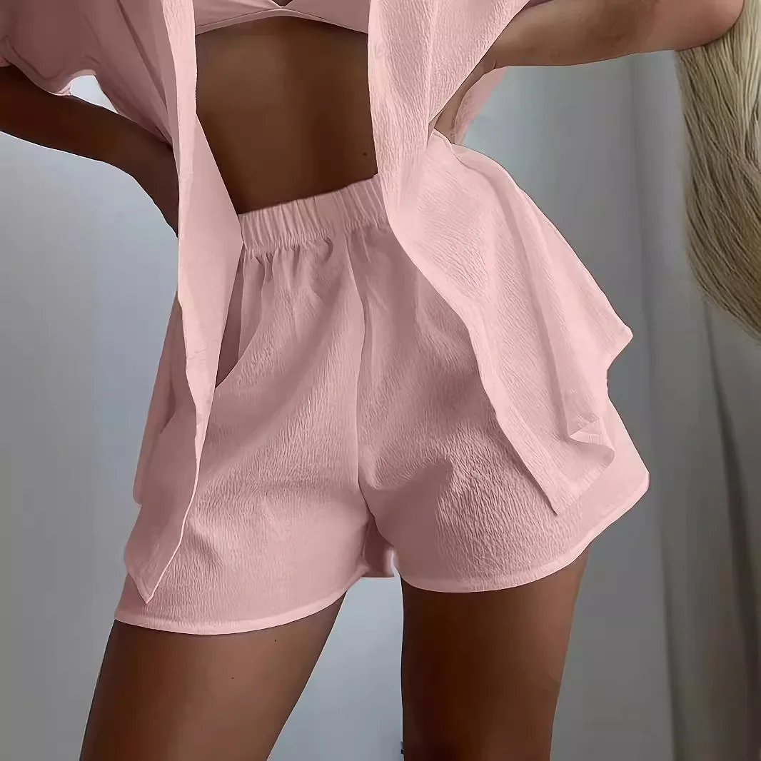 2025 verão tk europa, américa e comércio exterior amazon nova camisa de cor sólida shorts soltos casuais conjunto de duas peças atacado