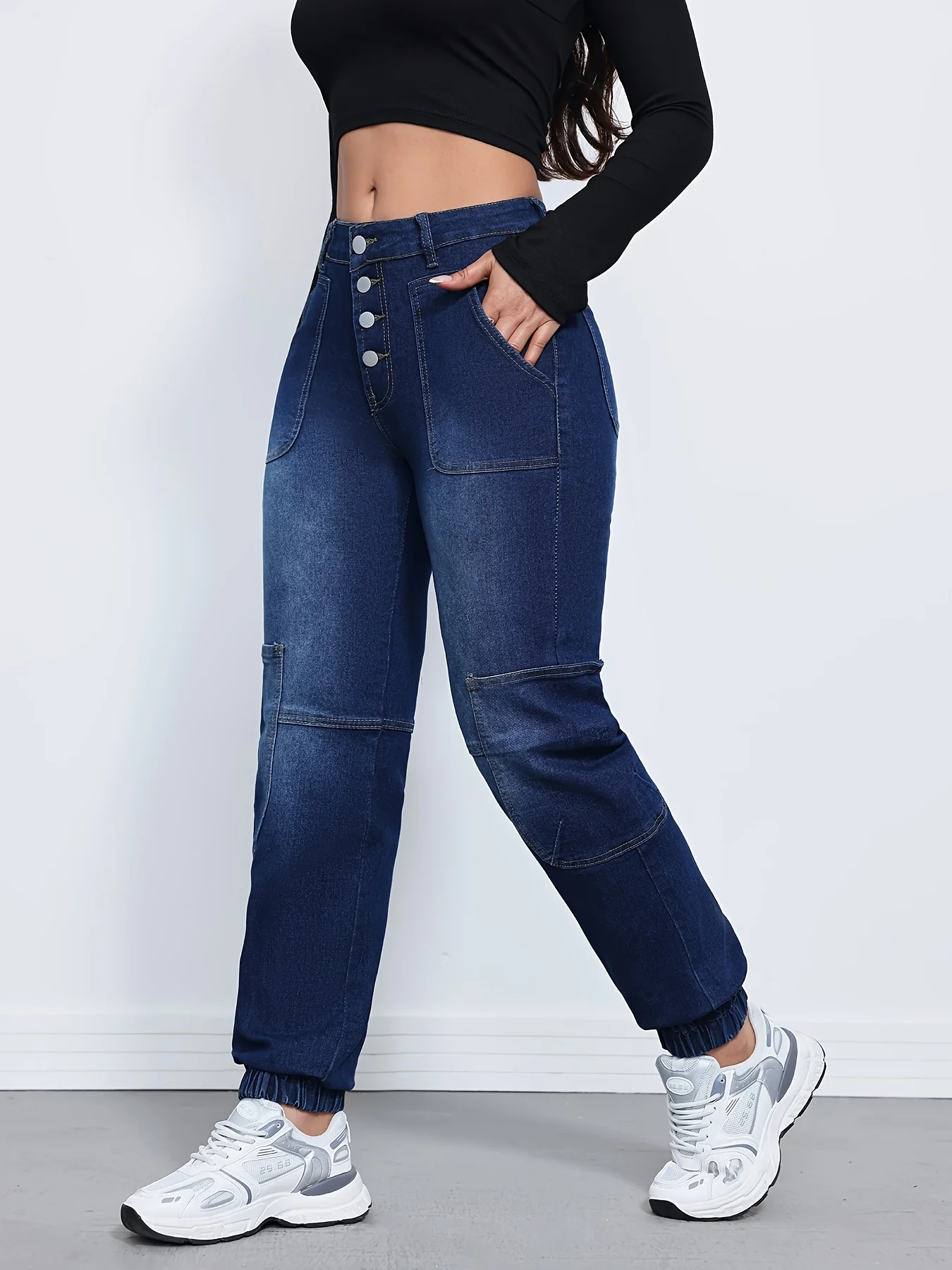 파란색 하이웨이스트 스트레이트 레그 진, 포켓 포함, 루즈핏, 신축성 있는 캐주얼 카고 팬츠 스타일, 여성용 청바지 및 의류