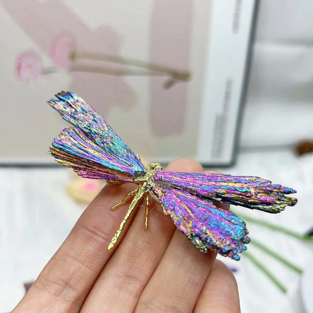 1PC Natural Colorful tourmaline Electroplanted Dragonfly spar crafts Handmade Reiki Healing Home Decoration Chakra Gift