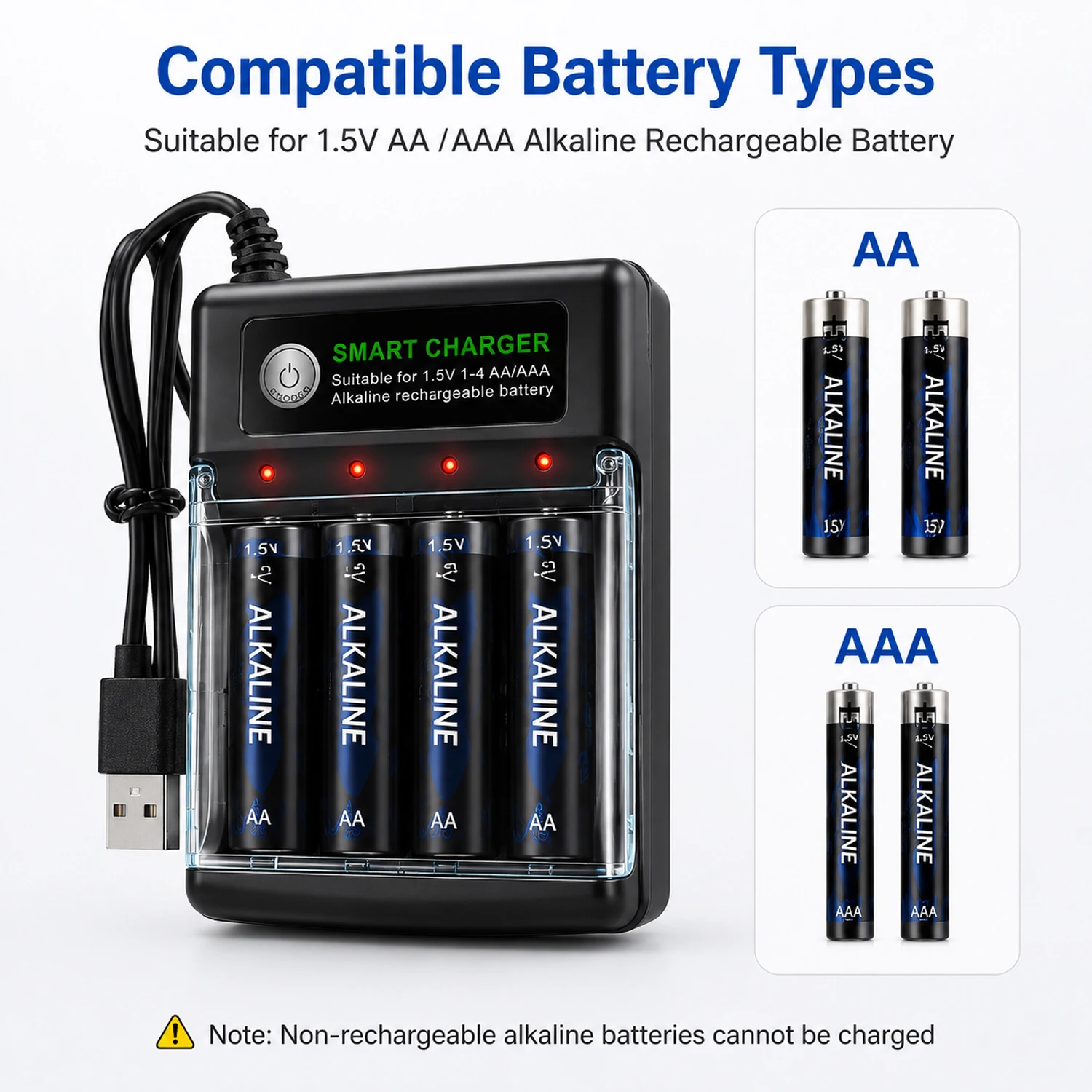 1.5VAA AAA Rechargeable Battery Charger 4 Slot Smart Independent USB Charger for Alkaline Batteries with Red Green LED Indicator