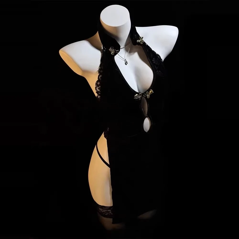 2025年新作 クラシックセクシー チャイナドレスセット ホロー インペリアルシスター風 ハイ スリット レトロ ネグリジェ レディース