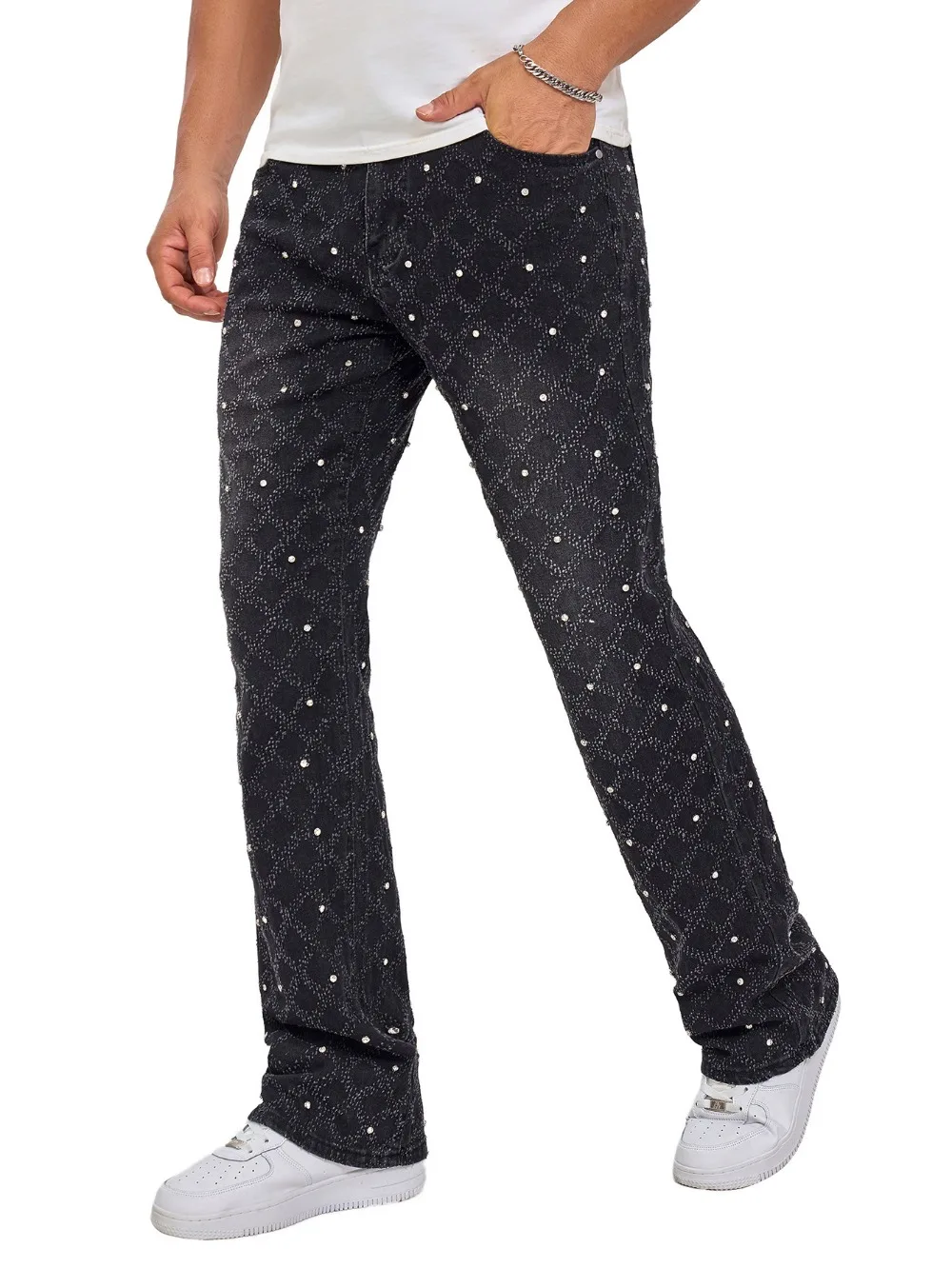 Denim Straight Ankle Length Pants Men Jean Washed Vintage Pearl Jeans Print Pockets High Street Spliced Distressed 2025