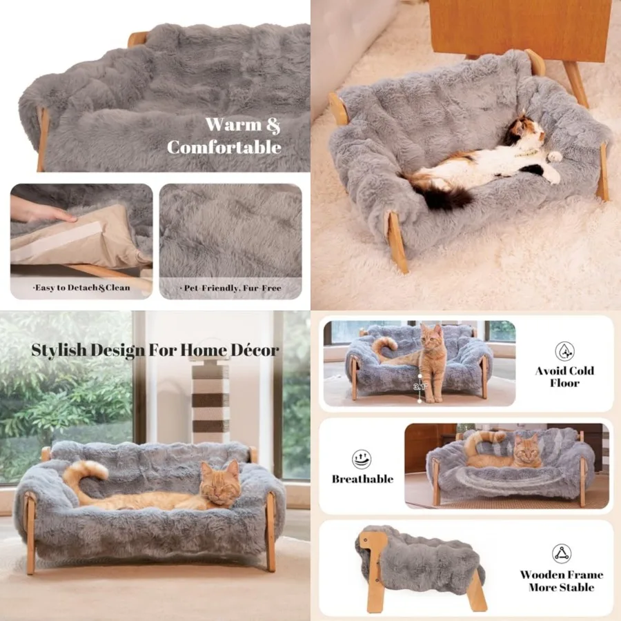 

Elevated Cat Couch Bed for Indoor, Wooden Cats Sofa with Washable Fluffy Cover Raised Kitty Lounge Chair Suitable for Puppy Cat