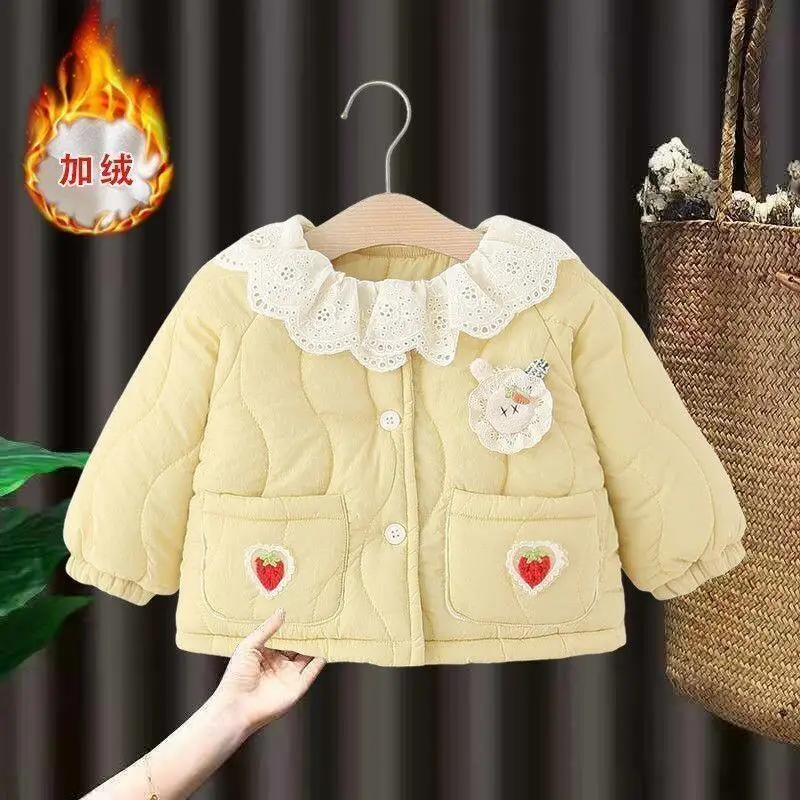 

Осенне-зимнее детское стеганое пальто для девочек, верхняя одежда с кружевными лацканами, домашняя одежда, детская стеганая куртка, утепленная хлопковая теплая верхняя одежда, детская одежда