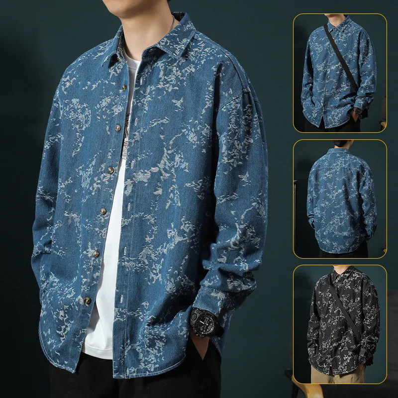 2024 Spring and Autumn New Fashion Printed Long Sleeve Denim Shirt Men\'s Casual Relaxed Comfortable Breathable Large Size Shirt