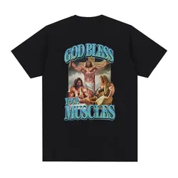 God Bless Your Muscles Gym Funny Meme T Shirt Men's Retro Fashion Short Sleeve T-shirts Men Casual 100% Cotton Oversized T-shirt