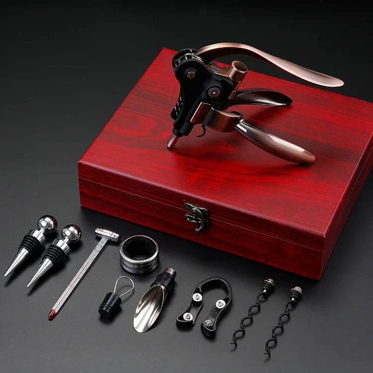 9pcs lot red wine openner set gift package wood box decanter Drip stop ring seahorse openner PU leather accessories