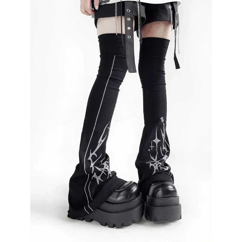Spring Japanese Printing Grunge Flare Leg Warmers Socks Women Girls Knee High Boots Cover Streetwear Y2k Aesthetic Gothic
