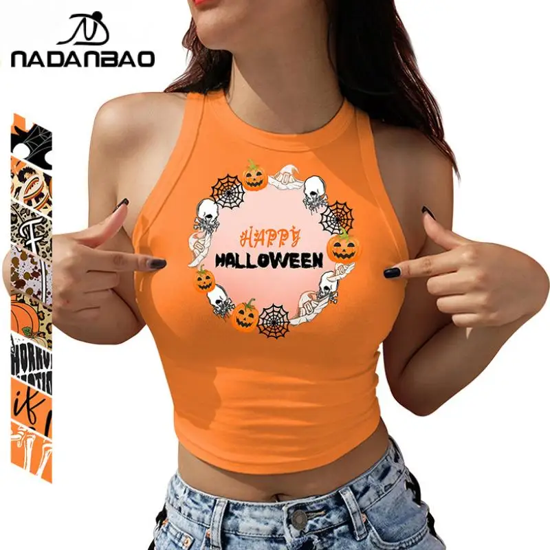 Nadanbao Orange Pumpkin Skull Print Crop Top Women's Y2K Sleeveless Shirt Sexy Slim Short Vest Happy Halloween Party Casual Top