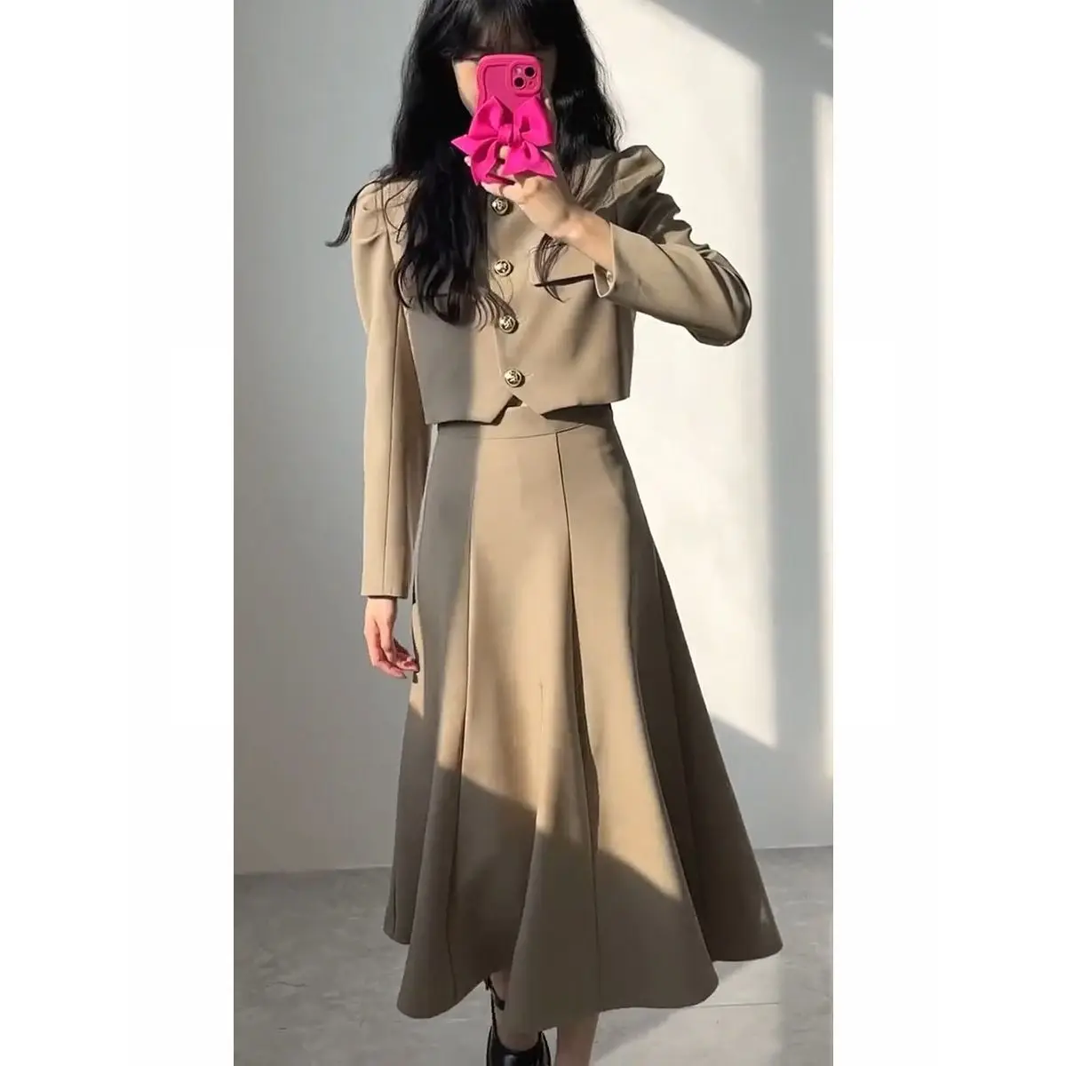 Korea Two Piece Coat Dress Women'S Set Plus Size Solid Color Skirt Set Thousand Gold Celebrity Temperament Advanced Sense Set