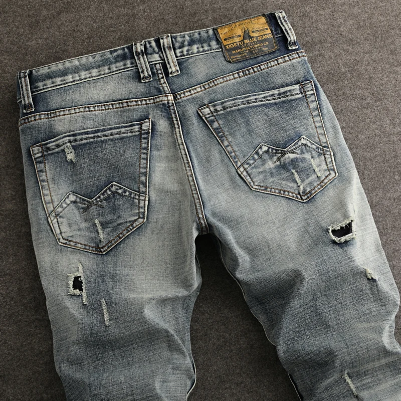 Fashion Designer Men Jeans High Quality Retro Washed Blue Stretch Slim Fit Ripped Jeans Men Hole Patched Vintage Denim Pants