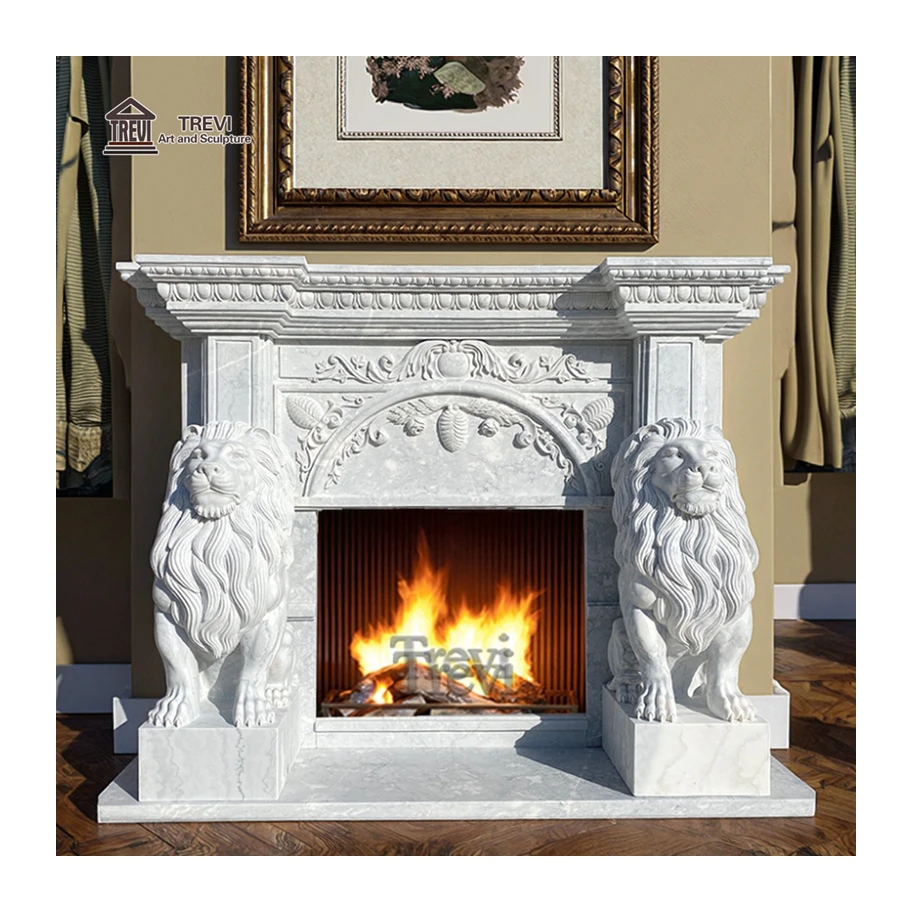 

Luxury Indoor Carving Natural White Marble Fireplace Surround with Lions