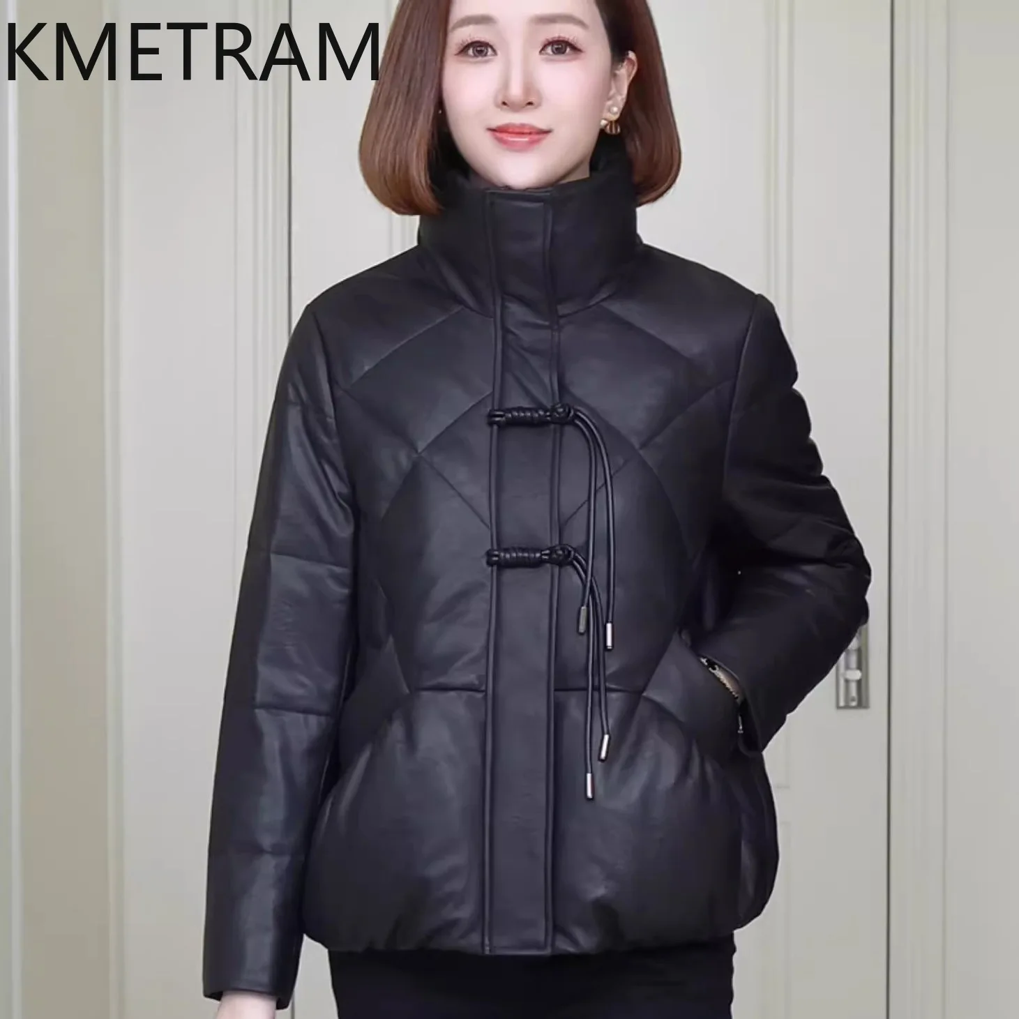 100% 양피 퍼퍼 자켓 여성 고품질 정품 가죽 짧은 블랙 다운 코트 2025 겨울 의류 여성 Пуховик Женский