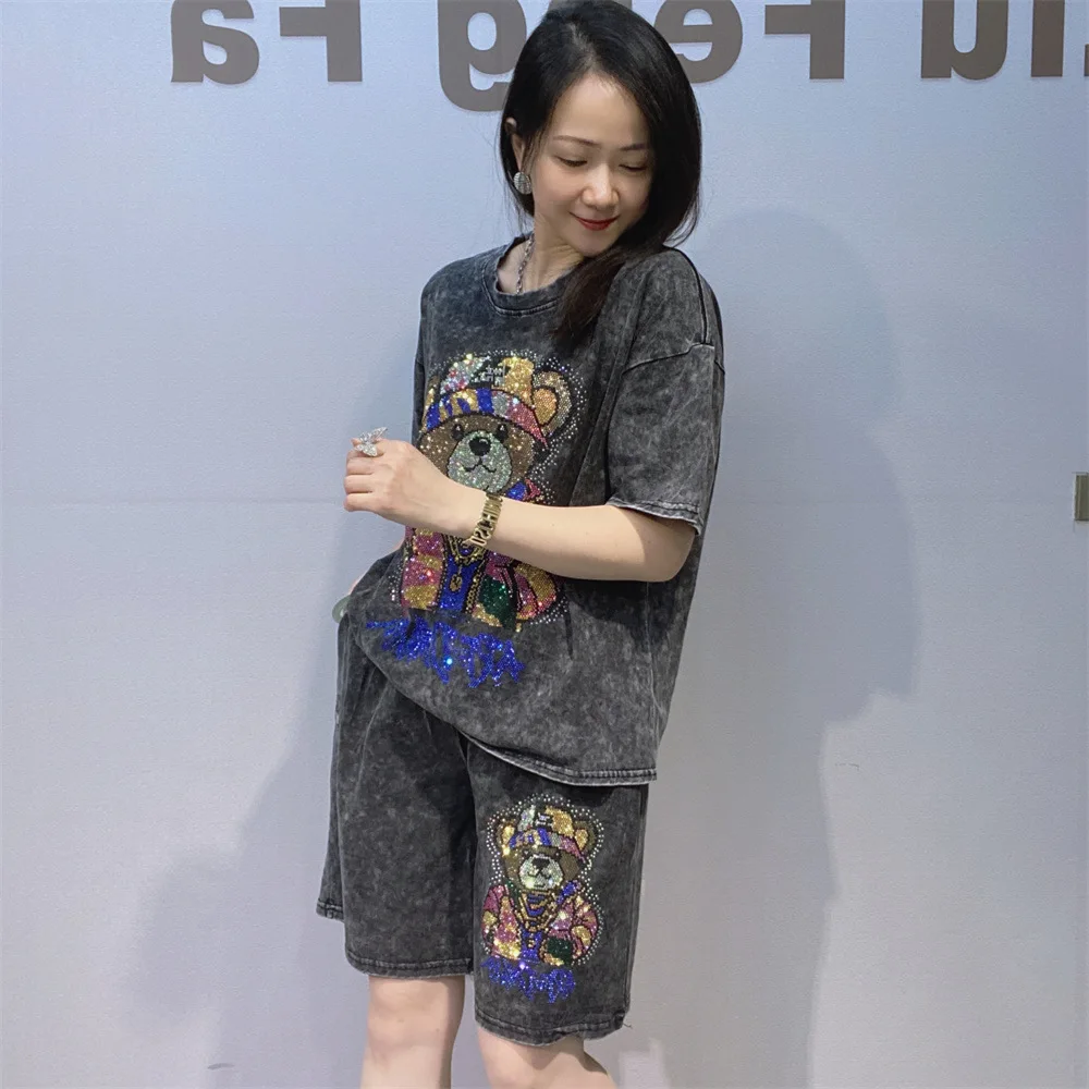 Cartoon Bear Tie-dye Short Sleeve 2 Piece Sets Woman Outfits Casual Oversized Short Pants 2026 Summer Bust 110cm Tracksuit Y2k view 2