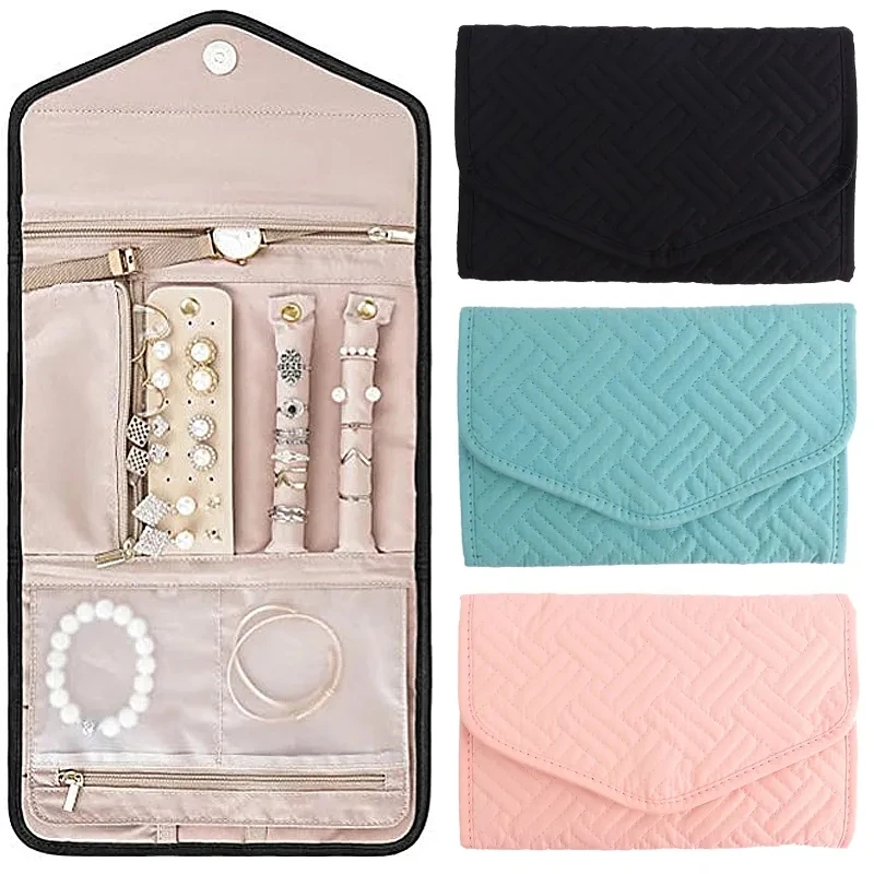 Roll Foldable Jewelry Case Travel Jewelry Organizer Portable for Journey Earrings Rings Diamond Necklaces Brooches Storage Bag