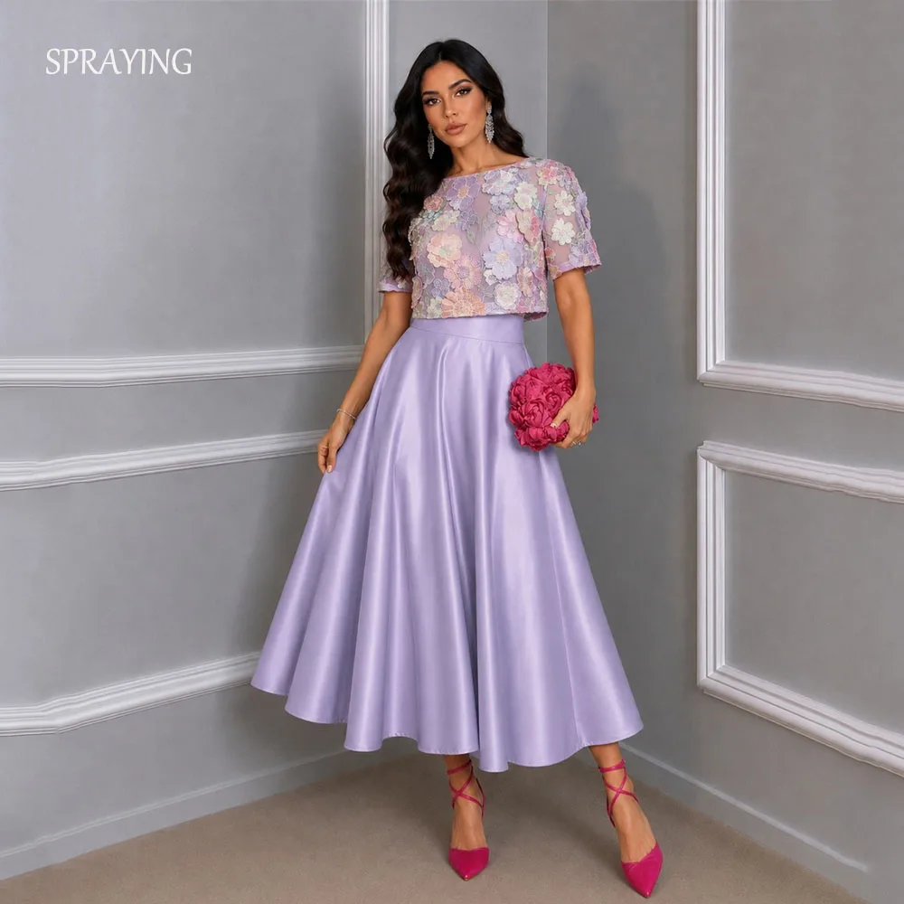 SPRAYING Elegant Black Purple Satin Evening Dresses O-Neck Short Sleeves 3D Lace Party Dresses Tea Length Formal Event Dress Cus
