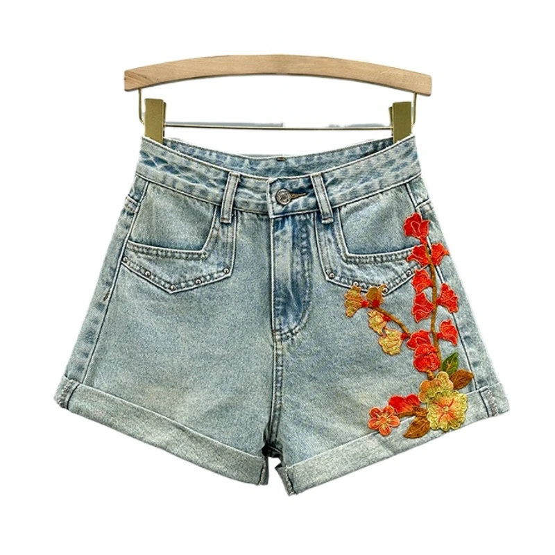 Flower Embroidered Flanging Denim Shorts for Women 2024 New Summer High Waist All-Matching Wide Leg A- Line Hot Pants Tide