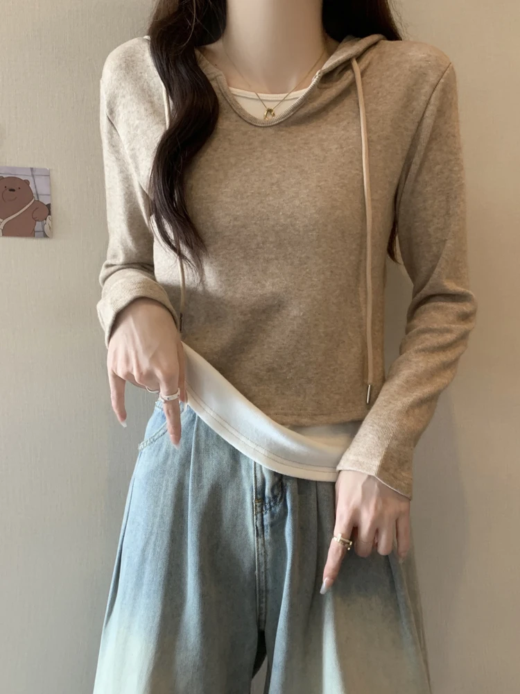 

Стильная женская футболка с капюшоном и длинным рукавом, больших размеров, для полных женщин, утягивающая, повседневная, весенняя, из двух частей