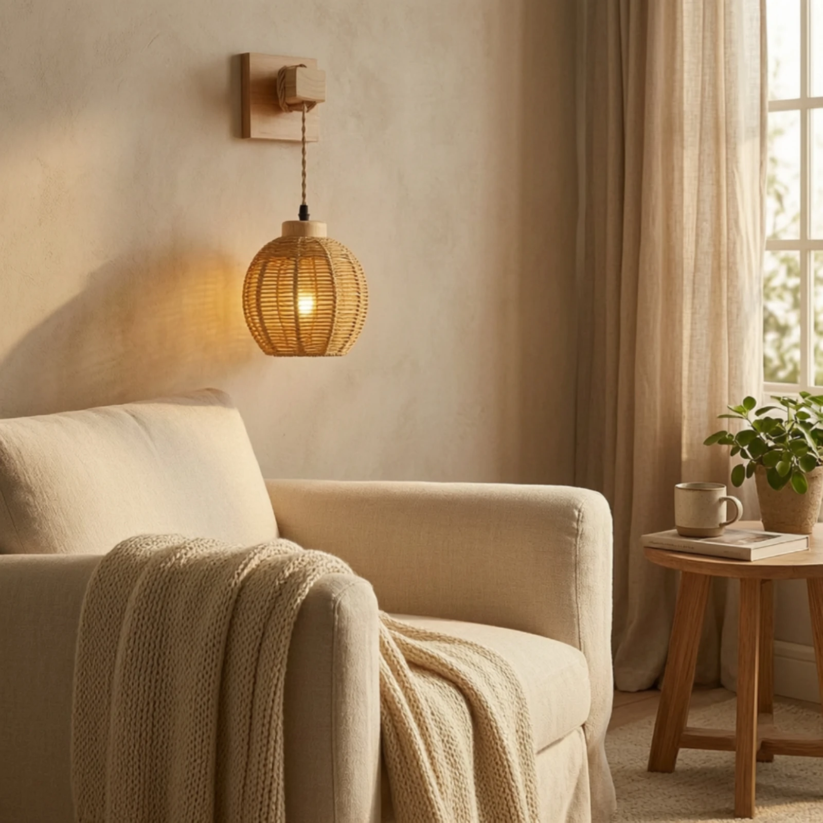 Rattan Wall Sconce with Wooden Arm Woven Wall Lamp with Wooden Arm Boho Rustic for Bedside, Bedroom