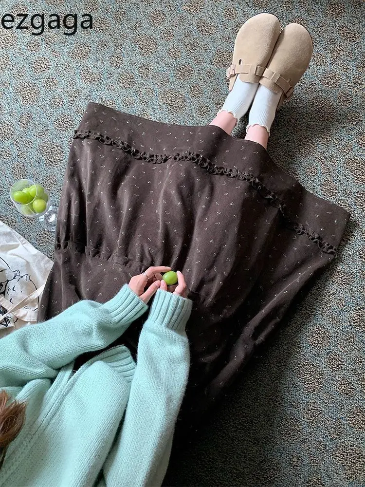 

Ezgaga Skirts Women Vintage Floral Printed Loose Elegant Stretch High Waist Ruffles Patchwork Sweet Fashion Long Skirt Ladies