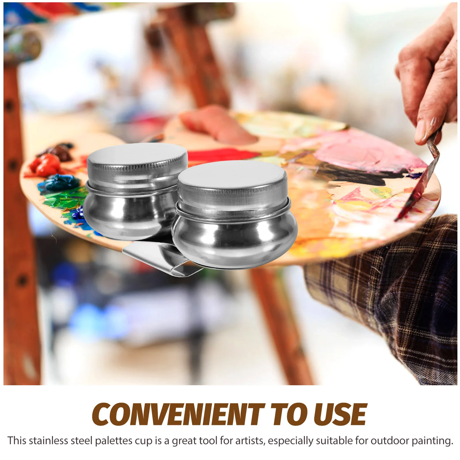 

2pcs Stainless Steel Palette Cup Oil Painting Supplies Portable Paint Container Brush Cleaning Holder Dipper Cup For Artists