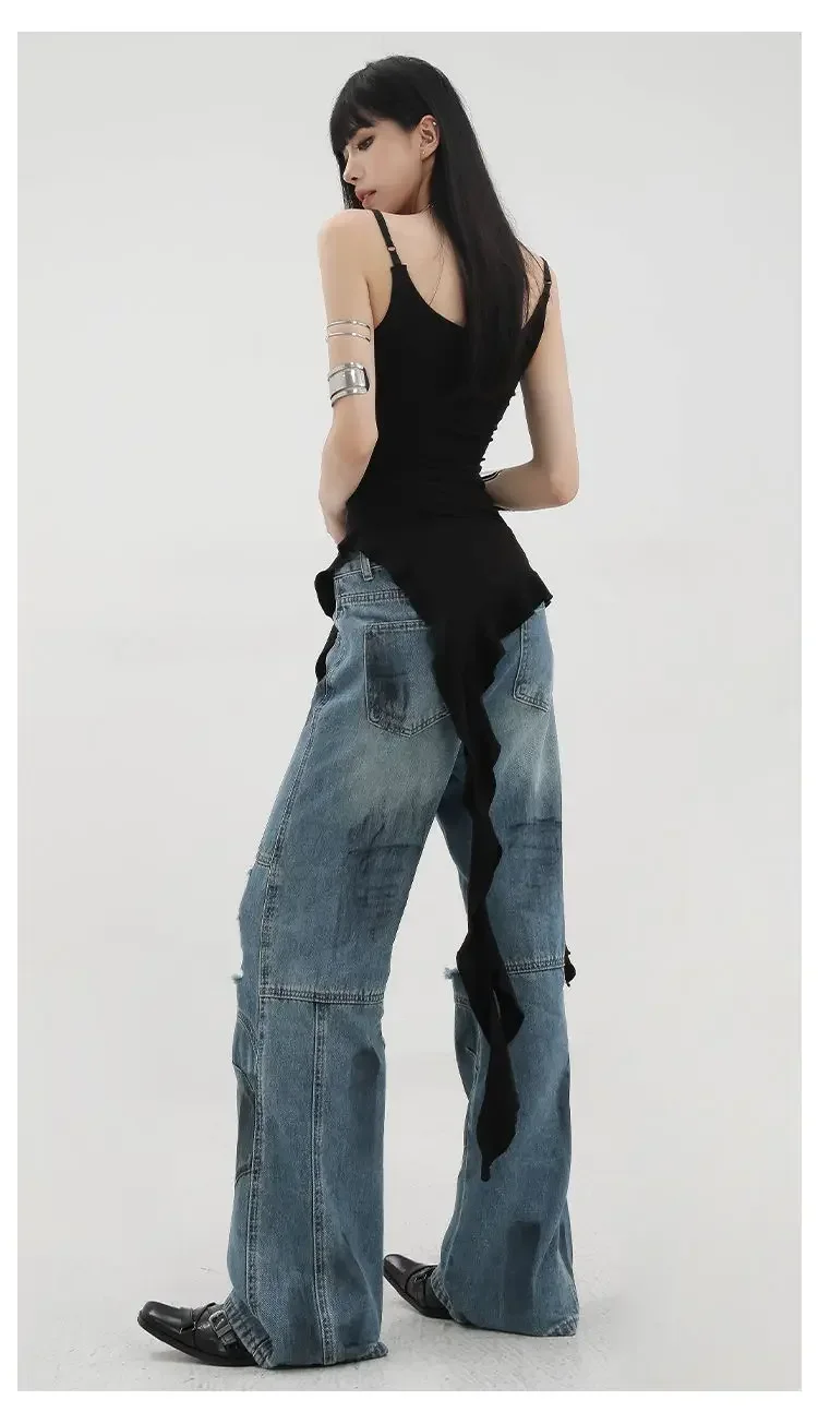 summer Y2k Grunge Hotsweet Sexy Elegant Backless Camisoles Asymmetrical Black Ruffle Tank Tops Women Korean Streetwear Punk
