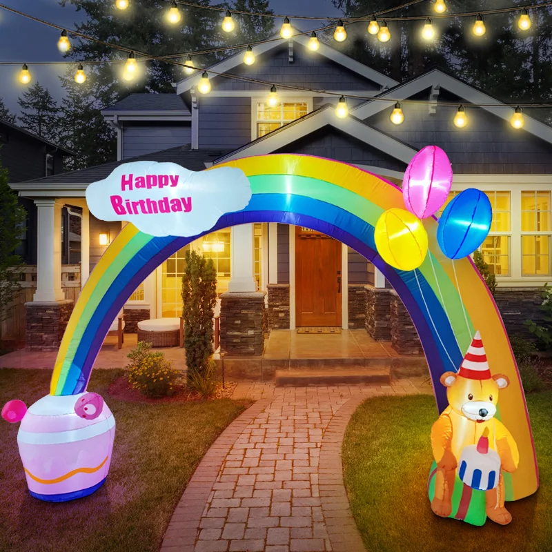 10.83FT/3.3M Birthday Inflatable Toy Arch Teddy Bear Birthday Cake WithLED Light Rainbow Archway Party Outdoor Garden Yard Decor