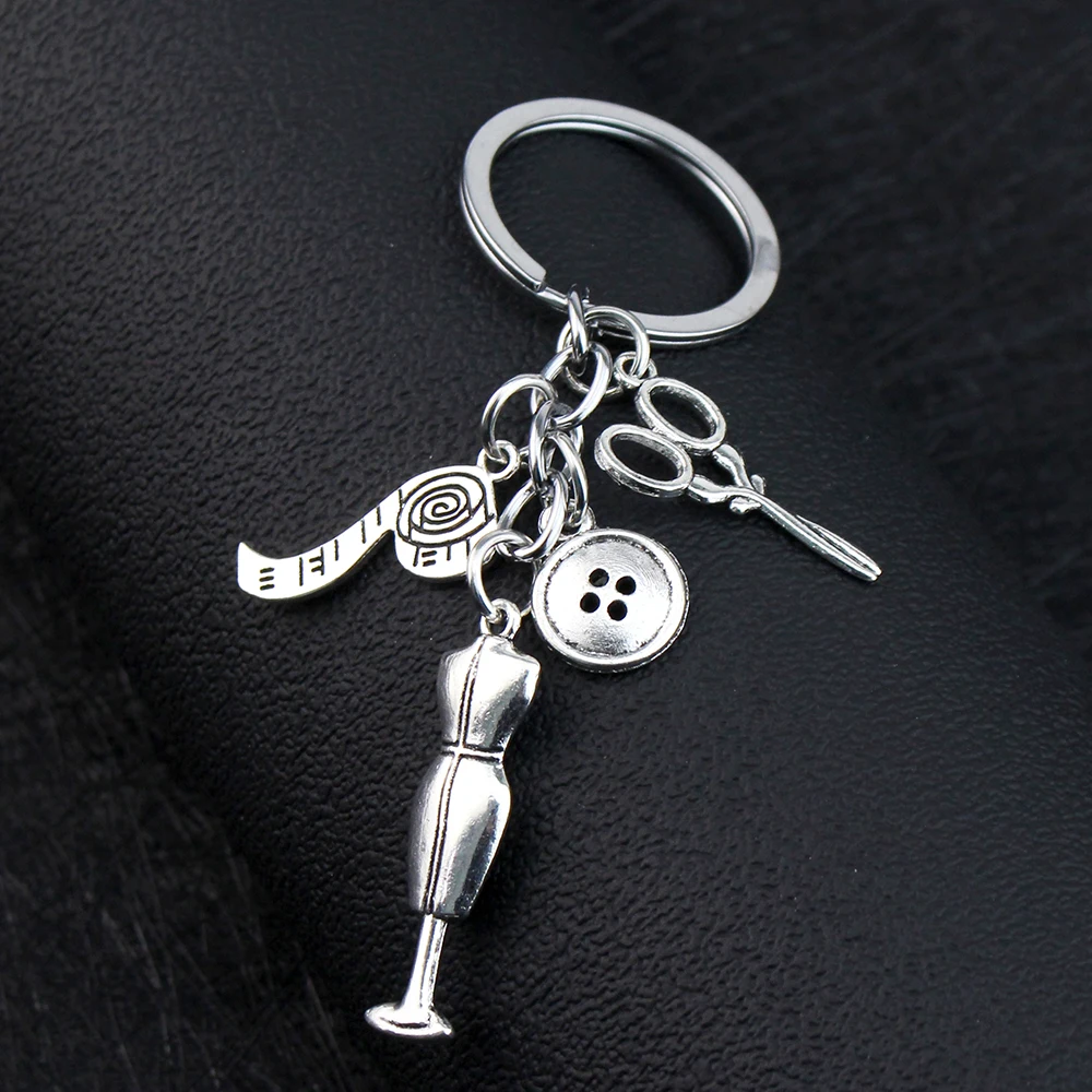 Sewing Machine Scissors Tape Measure Keychain Making Clothing Designer Keyring Gift Jewlry Accessories