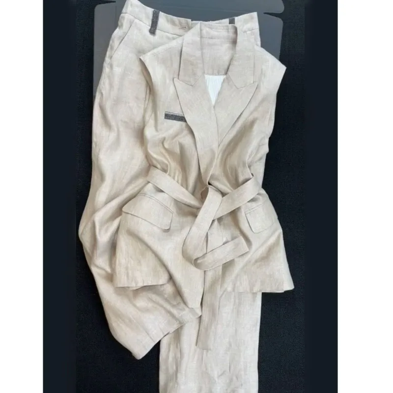 Ahigh-end Beige Suit-style Suit for Women New Spring Style Stylish Commuter Lace-up Vest Pants Two-piece Set Simple Women’s Wear