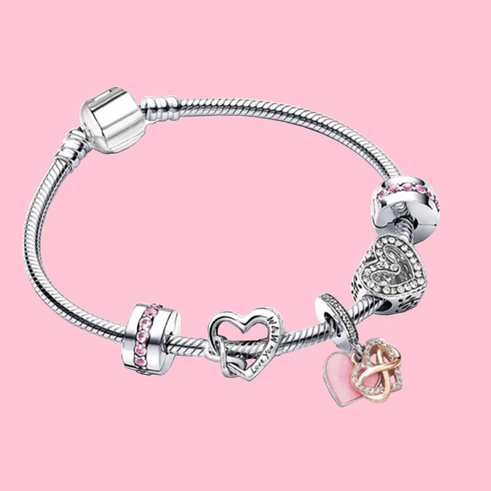 Pandora Style 925 Silver Pink Diamond Sparkle Tangled Heart Pendant Bracelet Set For Women's Elegant Jewelry Birthday Party Gift