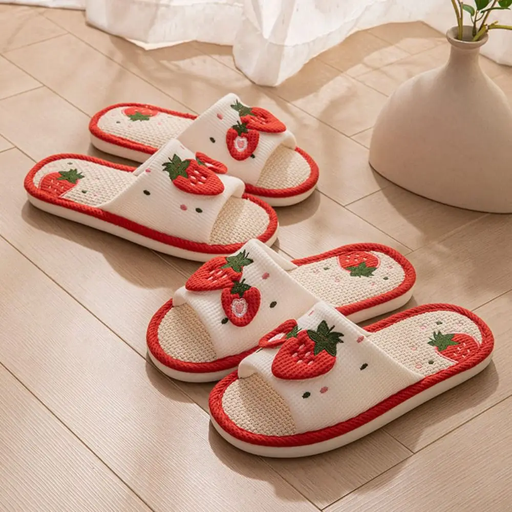 لينة وحيد منزل الكتان النعال الكتان المضادة للانزلاق الحلو شبشب منزل تنفس المفتوحة تو الفراولة النعال النساء غرفة نوم