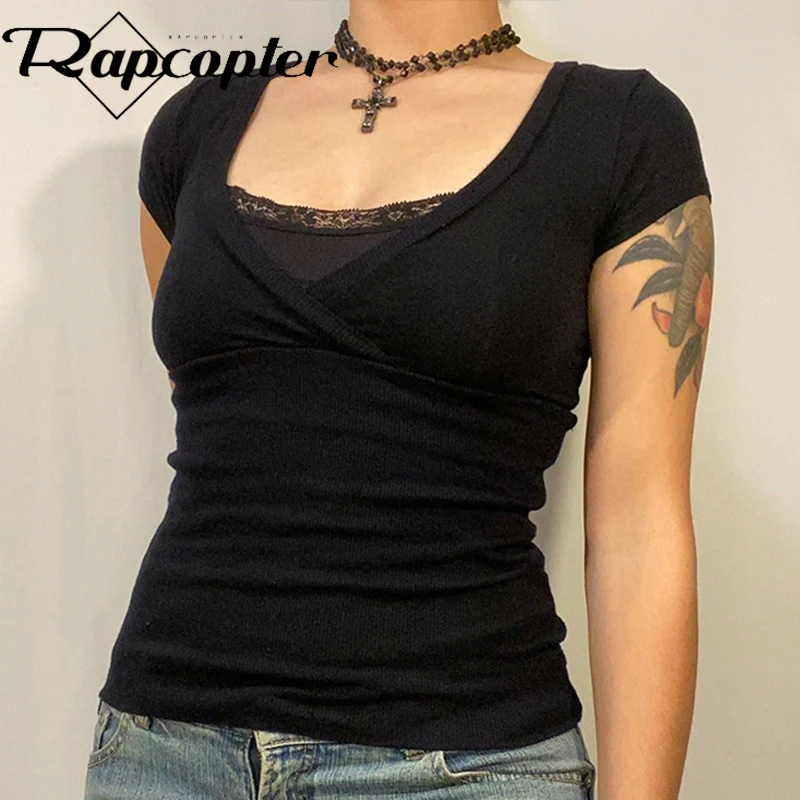 Rapcopter y2k Lace Crop Top Black Square Collar Short Sleeve T Shirt Women Vintage Gothic Grunge Aesthetic Tee Summer Korean 90s