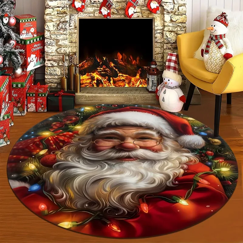 Santa Festive Lights Round Rug Soft Non-Slip for Living Room Bedroom Entryway Machine Washable Flannel Mat Ideal Christmas Decor