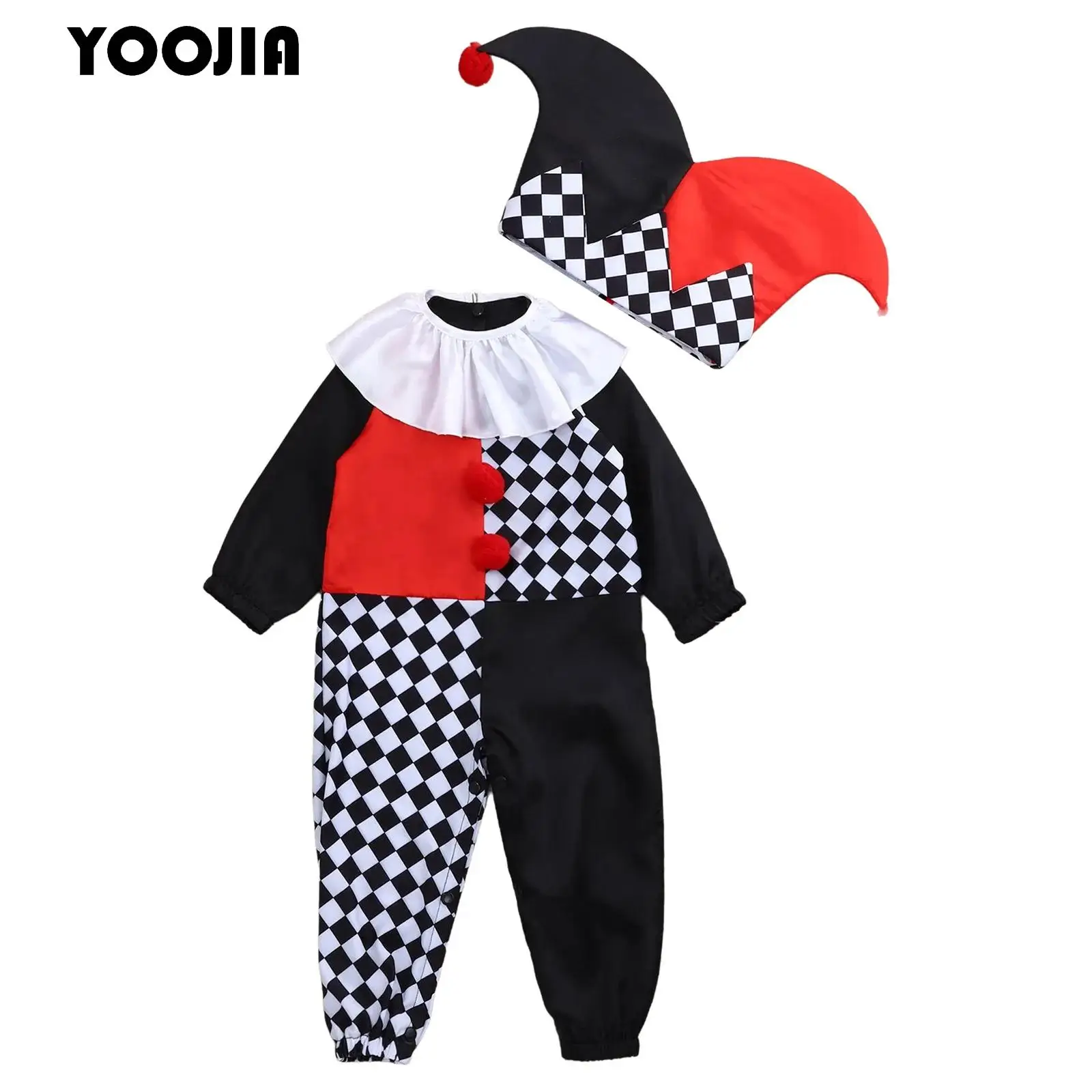 

Clown Costume for Babies Toddlers Black White Plaid Rompers Fancy Circus Comedy Clowns Jumpsuit+Hat Halloween Carnival Party
