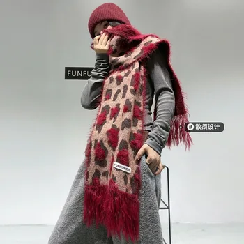 레오파드 인쇄 양모 스카프 여성 가을 ​​겨울 고품질 캐시미어 목도리 여성 한국어 향신료 소녀 로맨틱 두꺼운 따뜻한 스카프 레이디