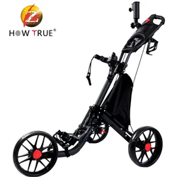 Folding Golf Trolley, 3-Wheel Pull Push Cart with Storage Bag Multi-Function Panel Umbrella Stand