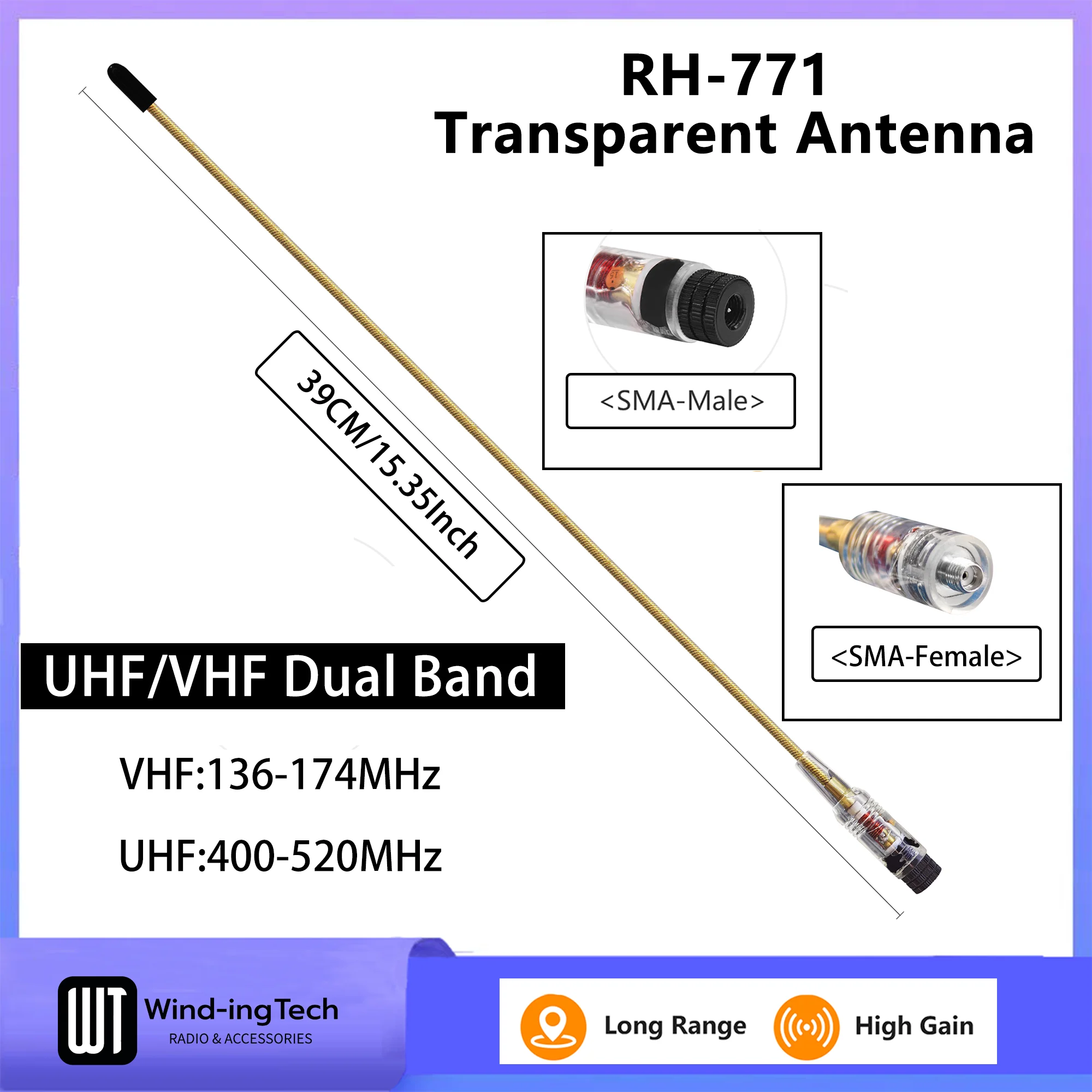 RH771 Soft Whip Antenna 39cm Copper VHF UHF Transparent 144/430MHz High Gain Portable for Baofeng UVK6 Walkie Talkie Accessory