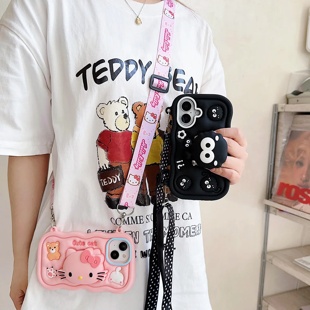Kwaii Kuromi Hello Kitty Soft Silicone Case For iPhone 16 Plus 15 14 13 12 Pro Max 3D Cartoon Stand Holder Cover With Neck Strap