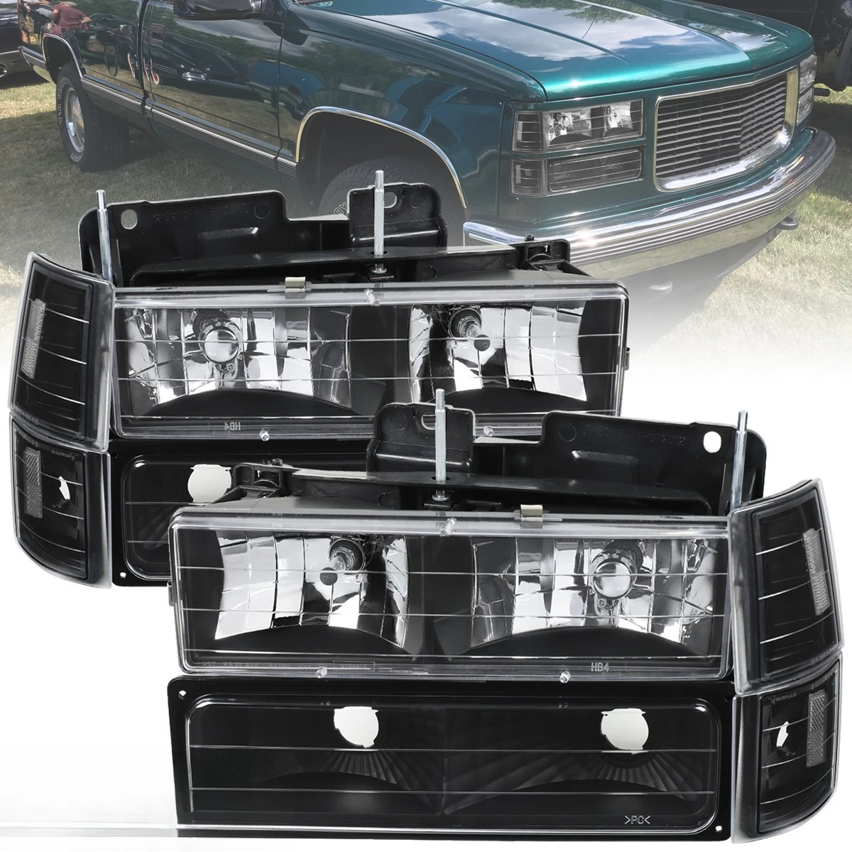 

Black Headlights+Bumper+Corner Signal Lamps Fits 94-98 GMC C/K Sierra Suburban