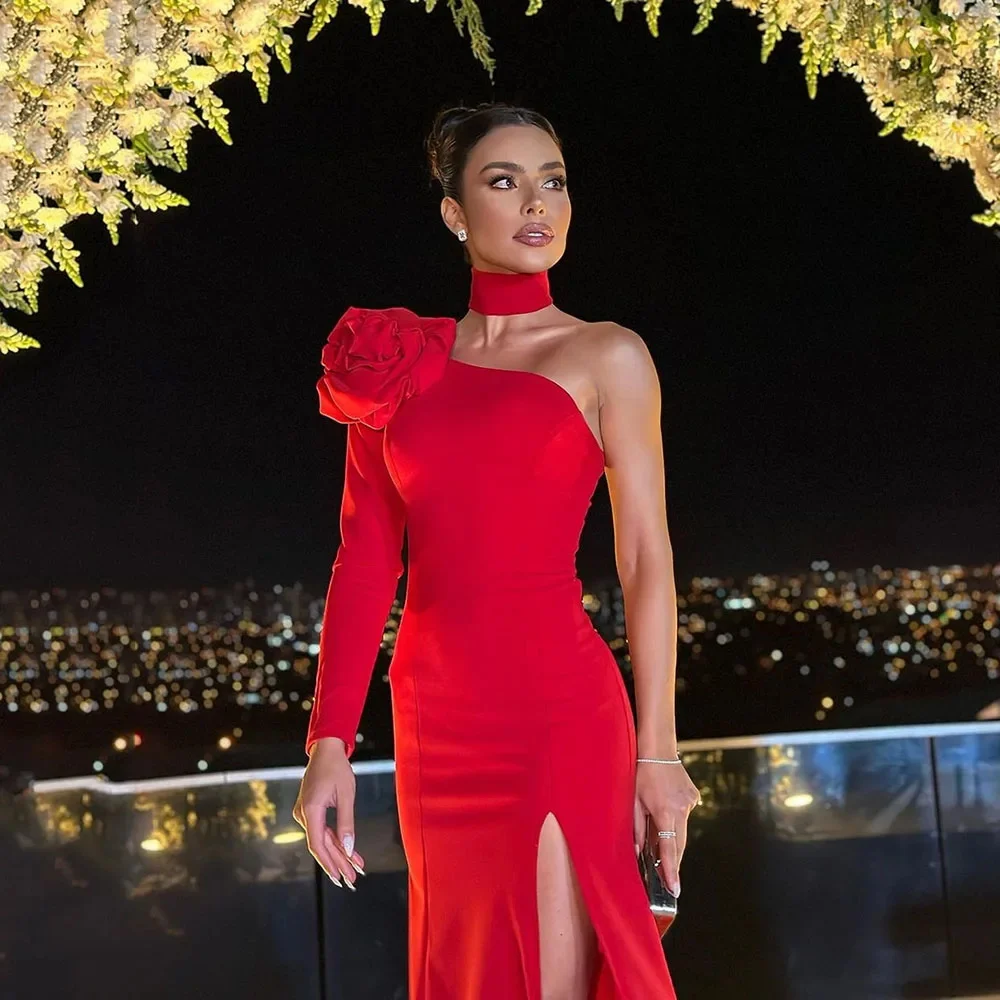 Luxurious Side Split Evening Party Dresses One Shoulder Mermaid Satin Floor-Length 2024 New Red Prom Dress Women with Flower