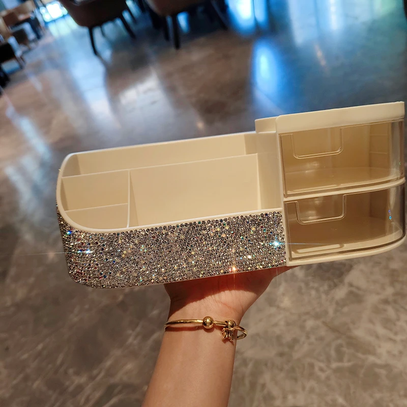 

Bling Rhinestone Multifunctional Storage Box Cosmetics Remote Control Desktop Storage Case With Drawer Jewelry Organizer Gift