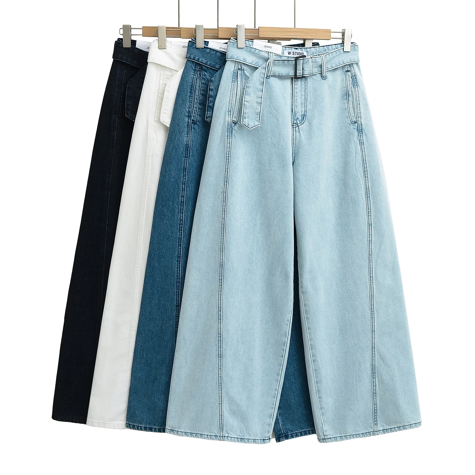 

American Street Style Loose High Waist Bell Bottom Jeans with Belt Retro plus Size Wide Leg Pants Women's Casual Fashion