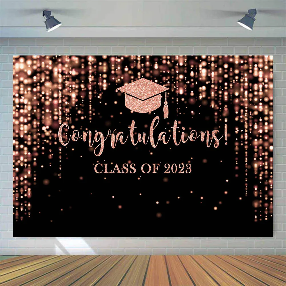 Mocsicka Class of 2023 Congratulations Graduation Backdrop for Photography Graduates Party Bachelor Hat Bokeh Tassel Shoot Props