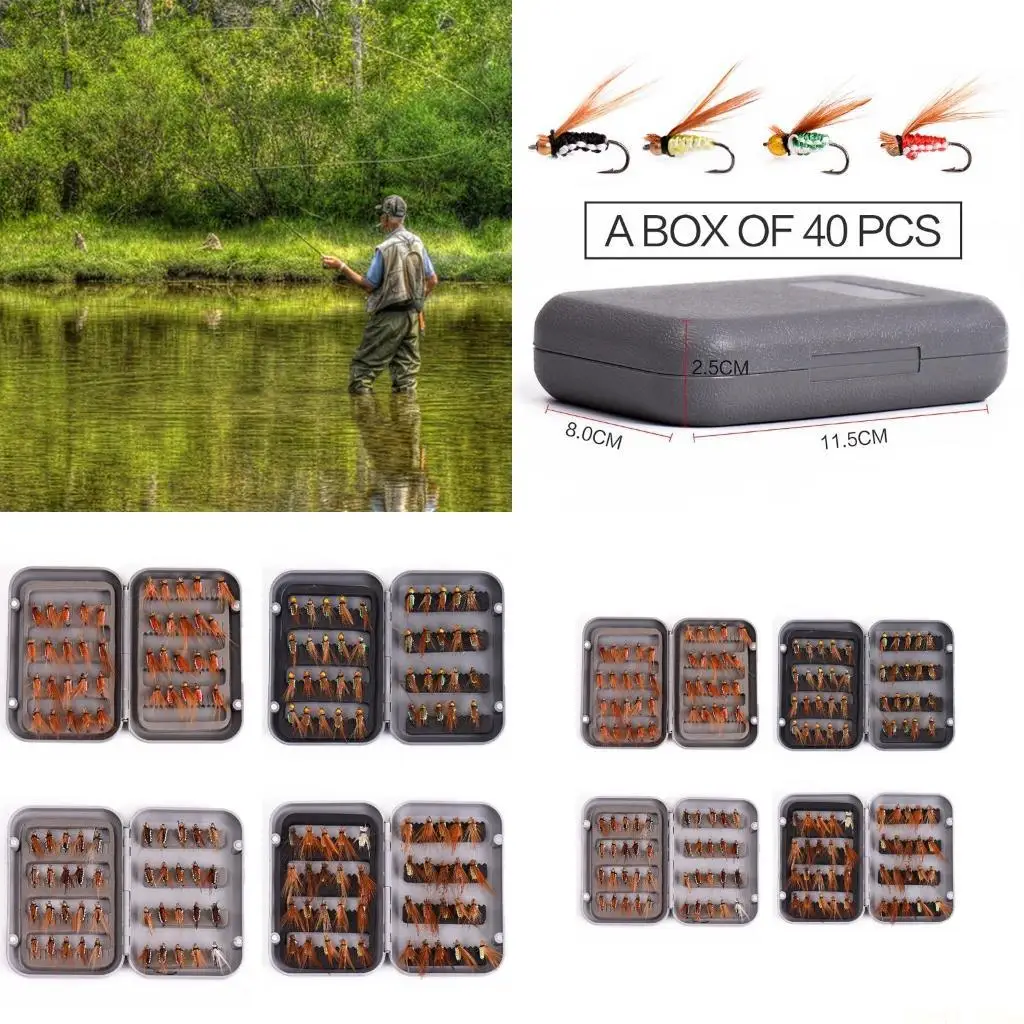 

U2JB Набор нахлыстовых мух с коробкой для приманки для ловли окуня, лосося, форели, 40 шт.