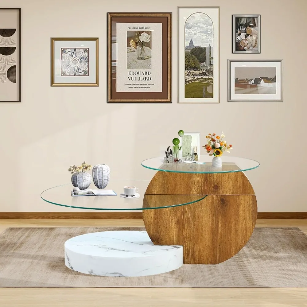 Round 3-Tier Glass Coffee Table with Modern Storage - Tempered Clear Glass Top and Wooden Base for Contemporary Living